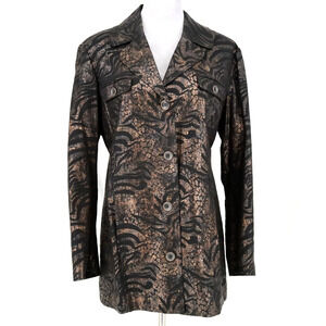 Chicos Jacket 2 Womens Large 12 Black Copper Linen Animal Print Lined Long